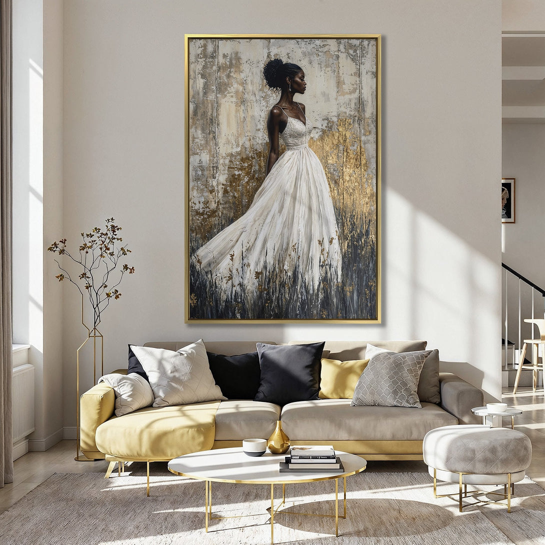 Canvas Print: Elegant woman in white dress, abstract gold & black art. Perfect for adding a touch of sophistication to your home decor.