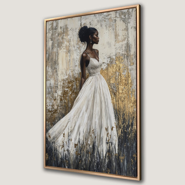 Framed Wall Art featuring an elegant woman in a white dress. Abstract style with gold, black, and white color palette. Perfect for modern home decor.