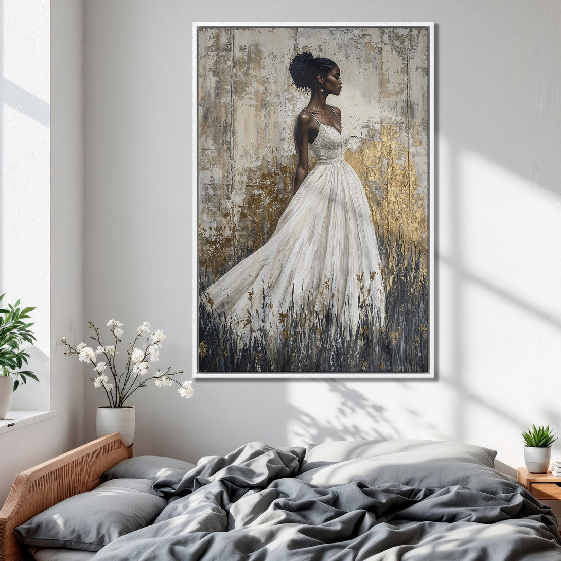 Framed Wall Art: Elegant woman in white dress, abstract art with gold accents. Neutral palette, perfect for bedroom decor. Add sophistication with this canvas print.