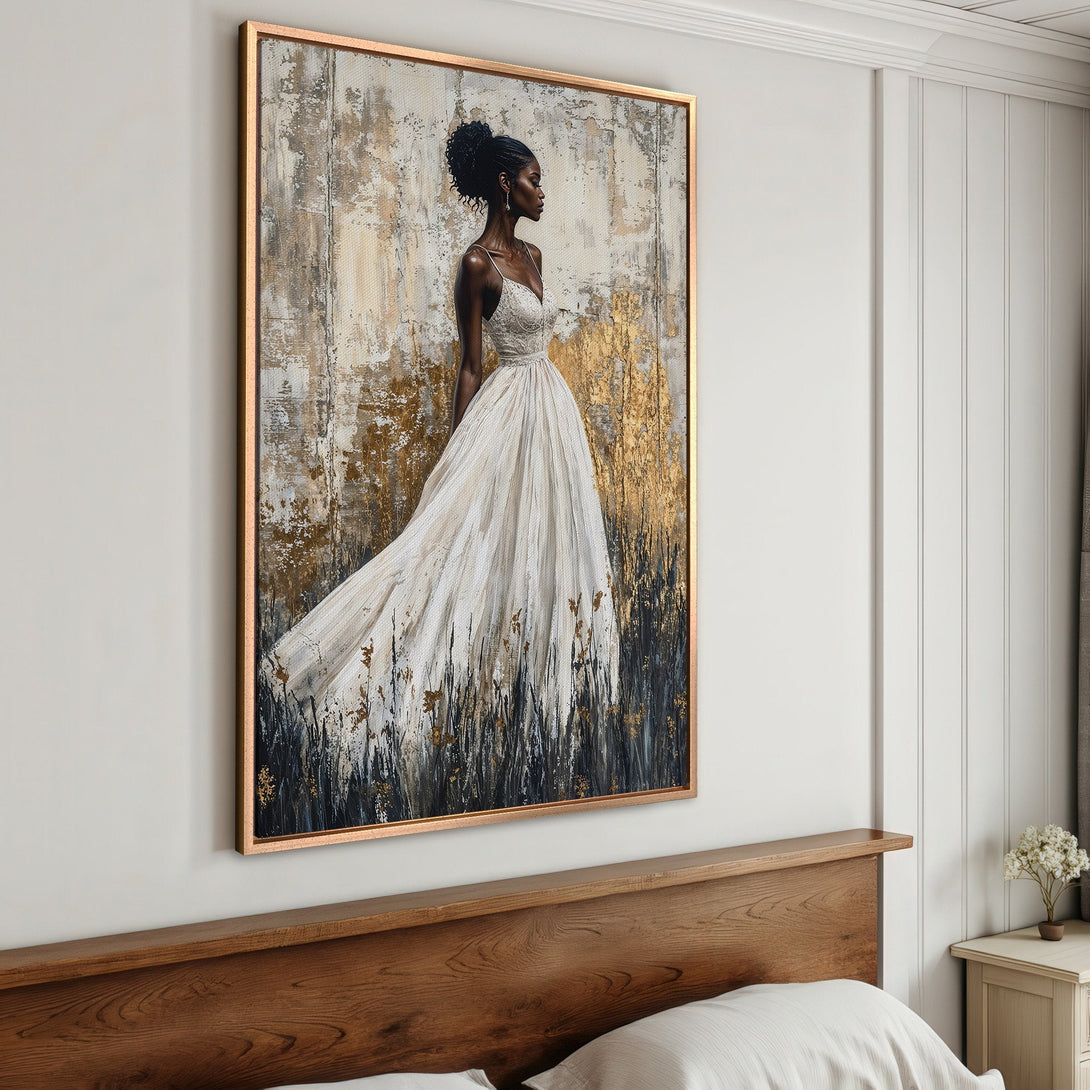 Framed Wall Art: Elegant woman in white dress, abstract painting style. Gold, white, and black color palette. Perfect for bedroom decor.