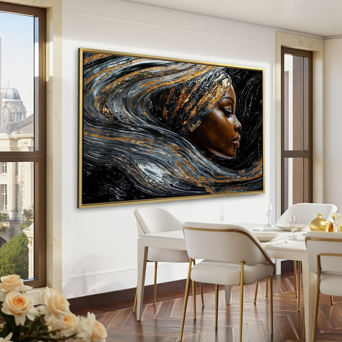 Canvas Print featuring an elegant woman in profile, abstract style with gold, black, and grey tones. Perfect for adding sophistication to any space.
