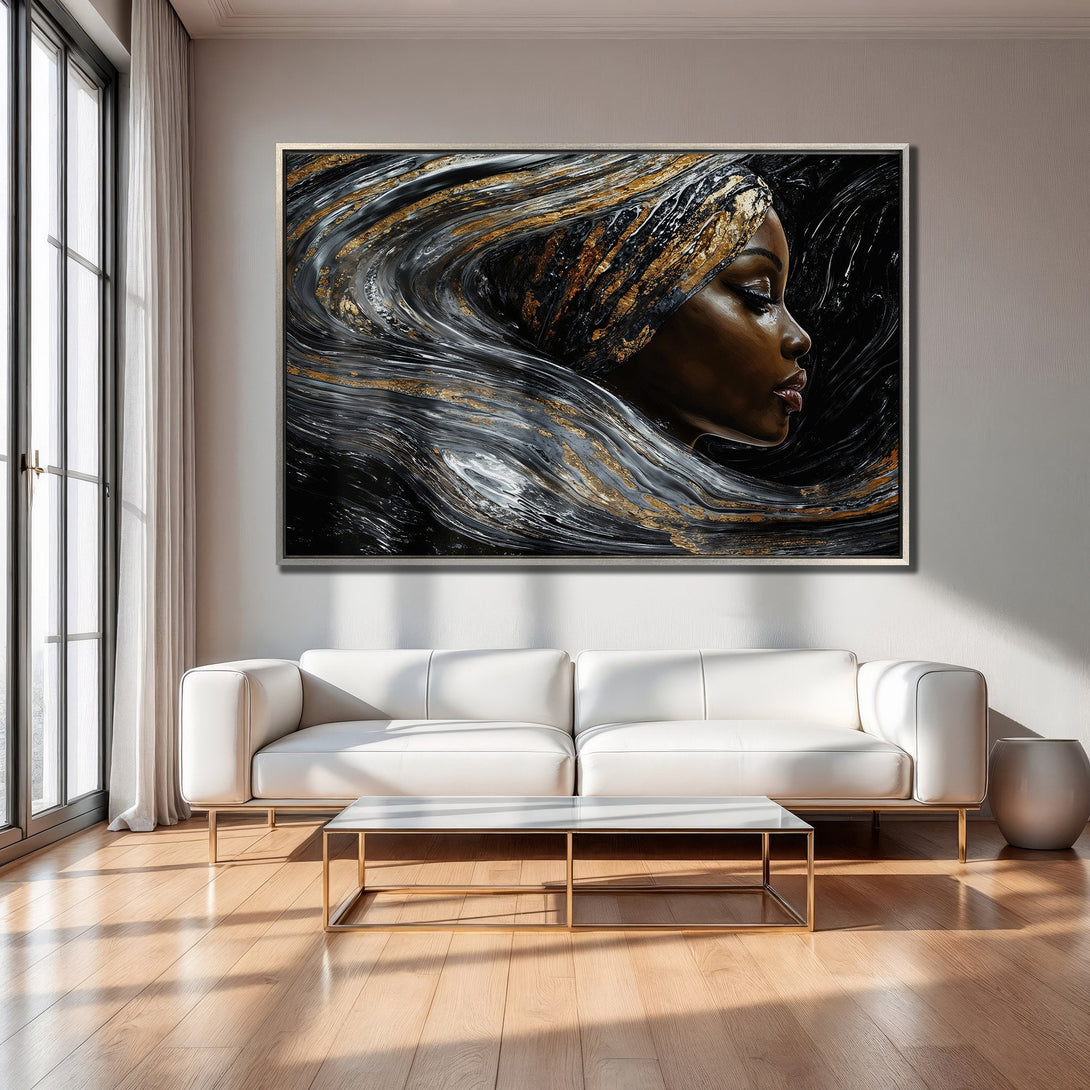 Framed Wall Art: Abstract portrait of a woman with gold accents. Modern black, gray, and gold canvas print adds elegance to any space.