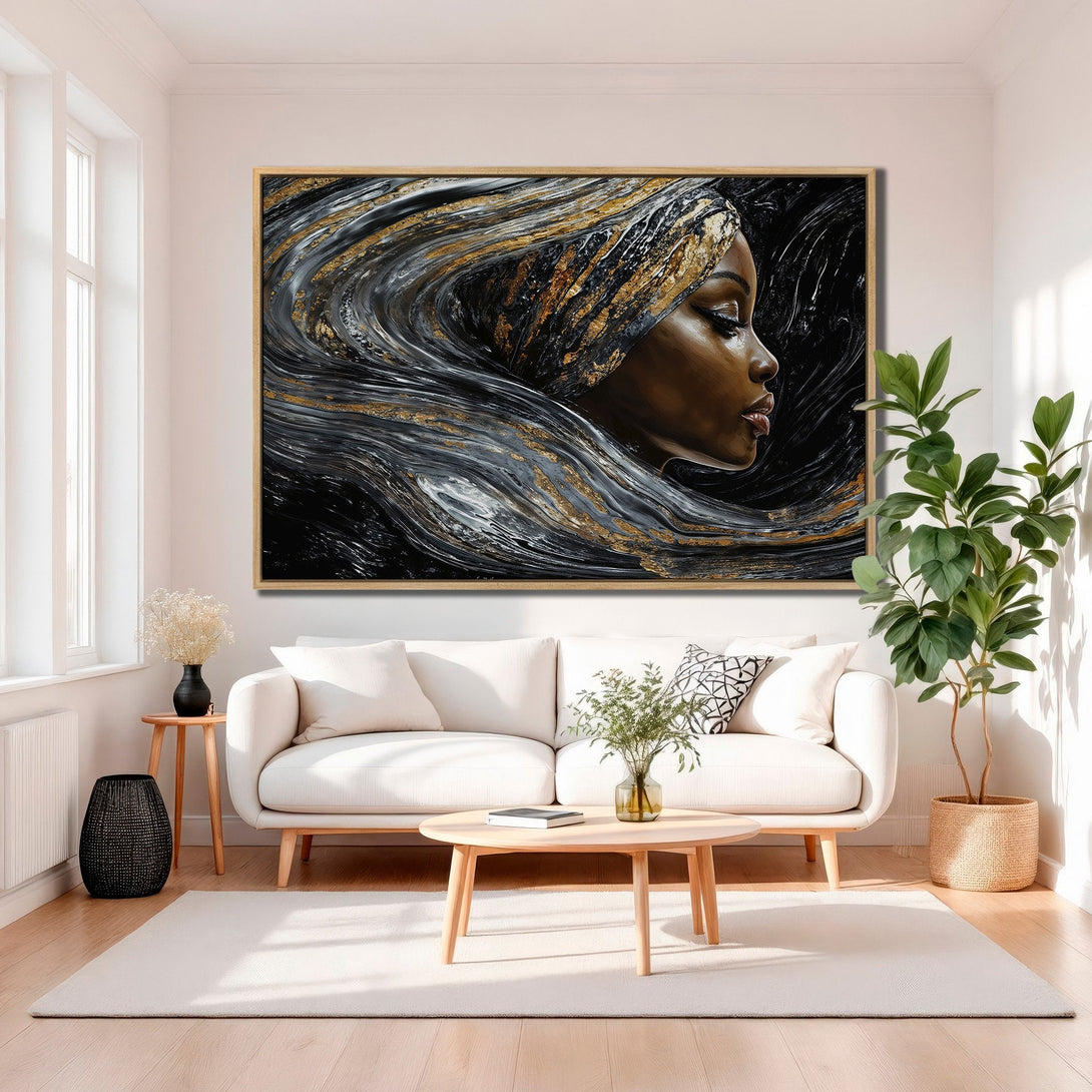 Framed Wall Art featuring an elegant woman, abstract style, with a black, gold, and gray color palette. Perfect for modern home decor.