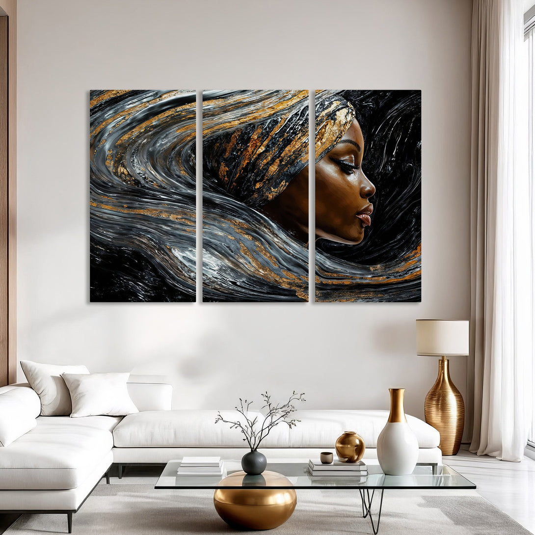 Canvas Print of an elegant Black woman with flowing hair, abstract style, gold, black, and gray color palette. Perfect wall art!