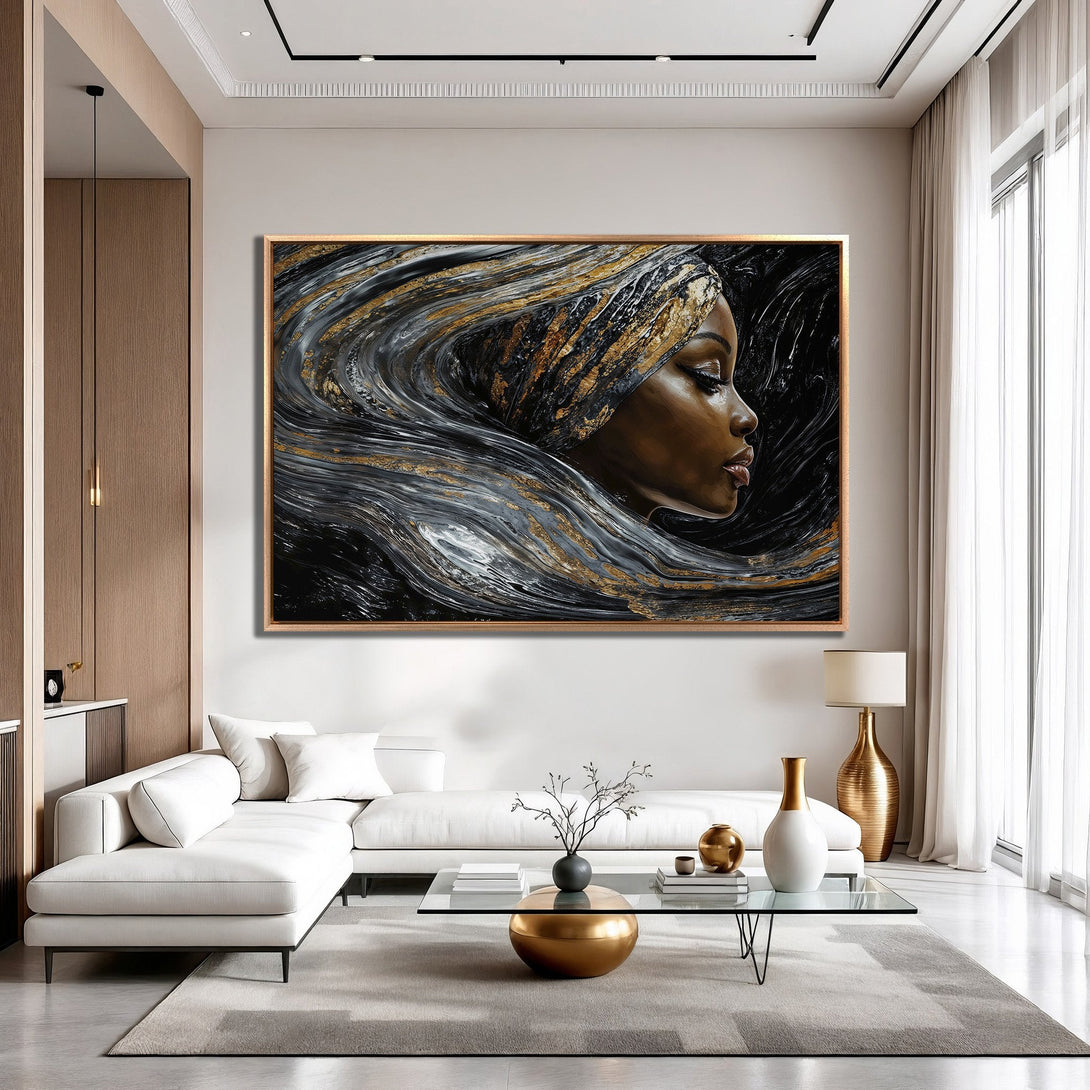 Framed Wall Art: Abstract portrait of a woman with flowing hair in black, gold, and gray tones. Modern art for home decor.