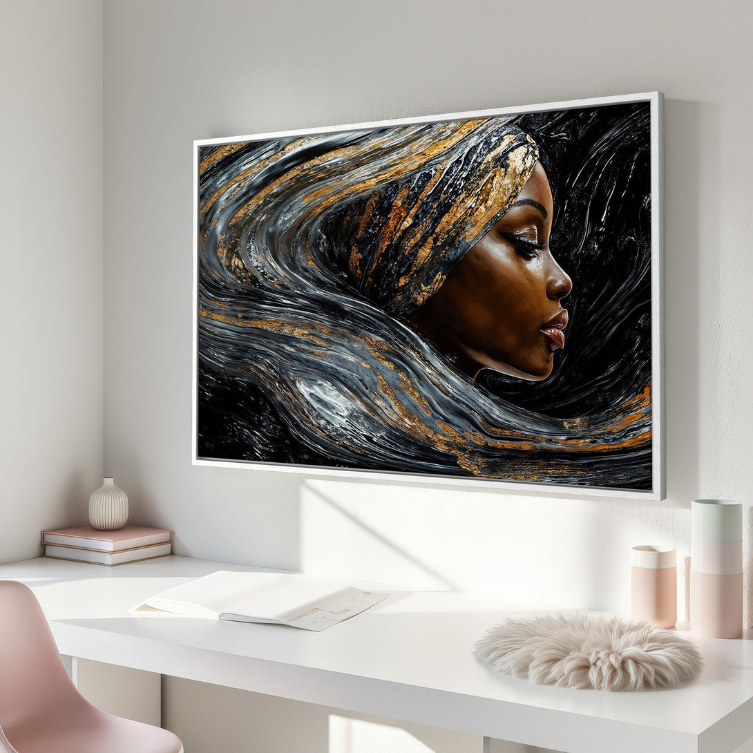 Framed Wall Art: Abstract portrait of a woman with flowing hair. Black, gold, and gray color palette. Modern art for your home.