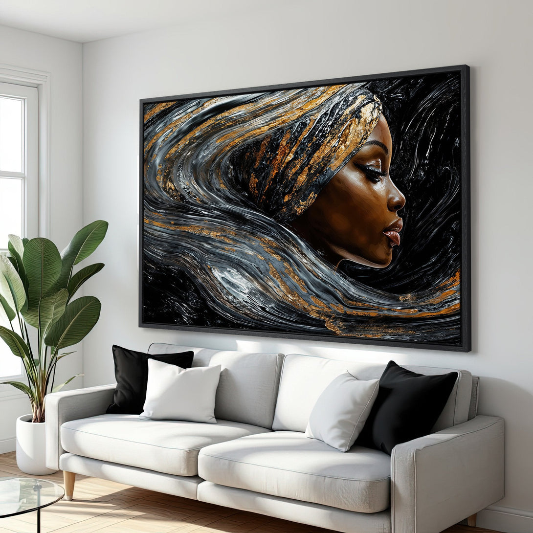 Framed Wall Art: Abstract portrait of a woman with gold and black accents. Modern Canvas Print for living room decor, featuring a neutral color palette.