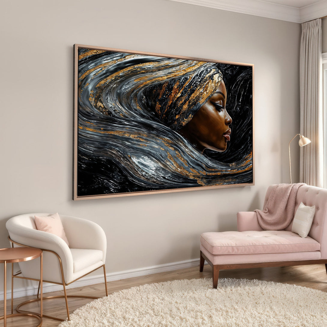 Framed Wall Art: Abstract portrait of a woman with flowing hair in black, gold, and silver tones. Modern art for home decor.