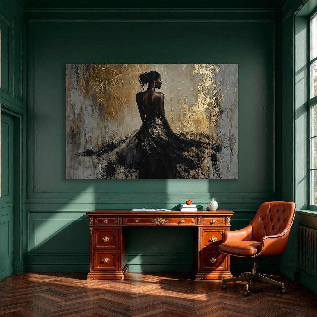Framed Wall Art: Abstract painting of a woman in a black dress, gold and neutral color palette. Elevate your space with this elegant canvas print.