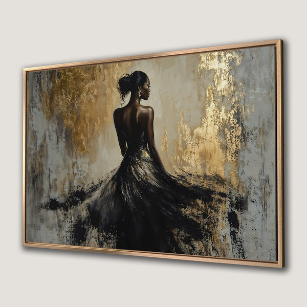 Framed Wall Art: Elegant woman in a black dress. Abstract art with gold, black, and neutral tones. Perfect for adding sophistication to any space.