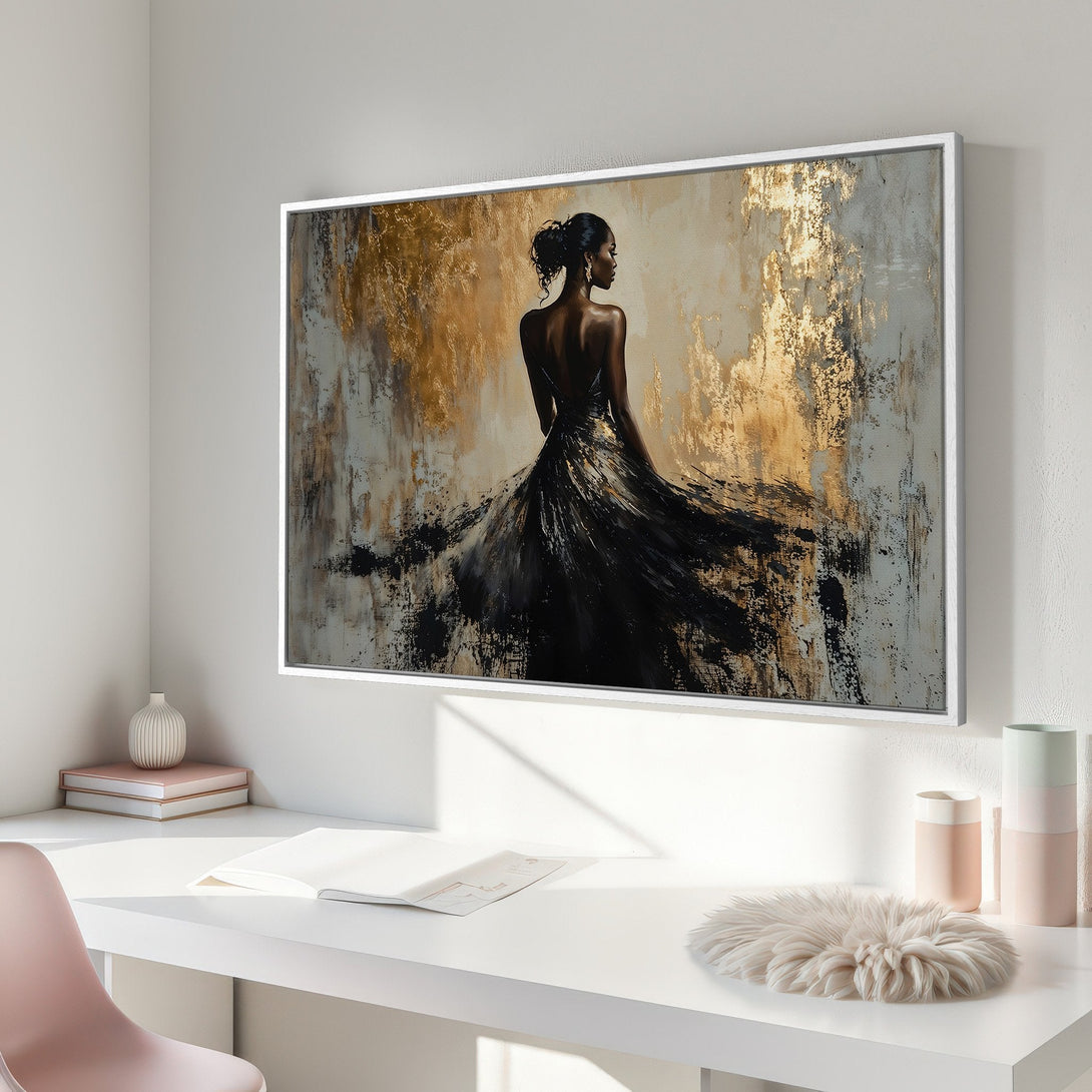 Framed Wall Art: Elegant woman in black dress, abstract gold and gray art. Perfect for modern decor. Enhance your space with this stunning Canvas Print.