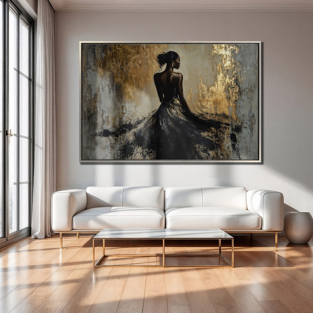 Framed Wall Art: Abstract woman in black dress, gold & gray palette. Modern art canvas print for elegant home decor.