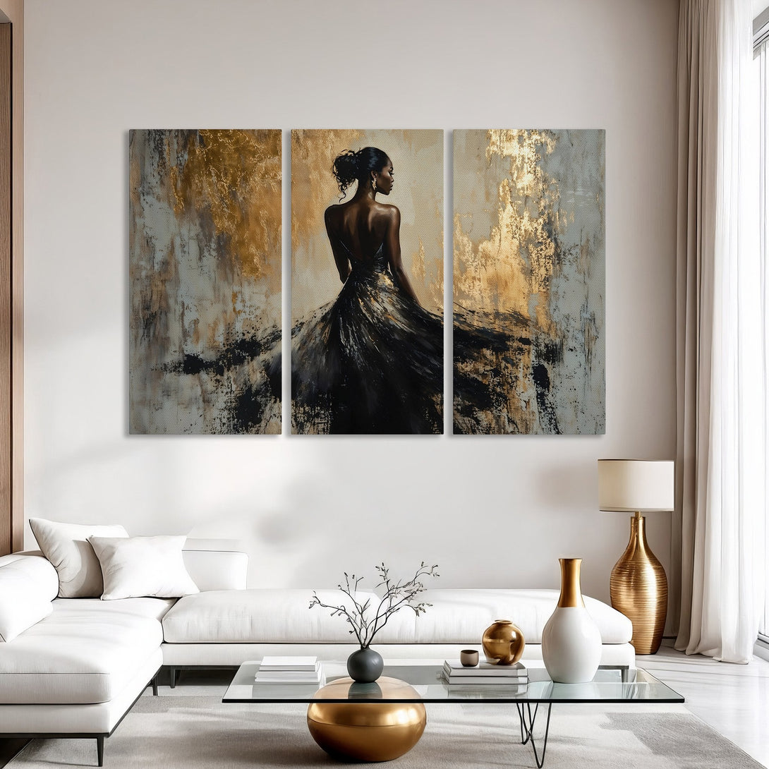 Elegant Canvas Print triptych featuring a woman in a black dress, abstract style, gold and neutral color palette. Perfect wall art for modern interiors.
