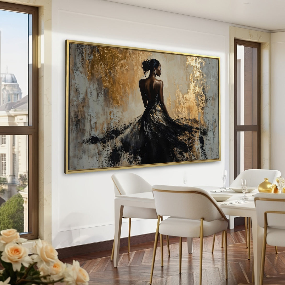 Canvas Print of a woman in a flowing black dress with gold accents. Modern art in a dark, elegant interior. Black, gold, and neutral color palette.