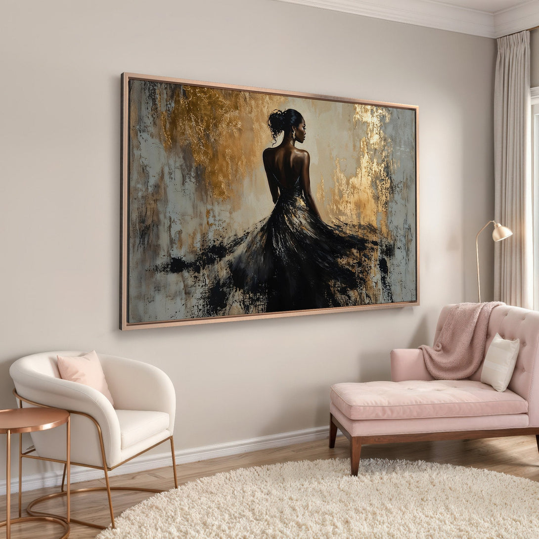 Framed Wall Art: Abstract painting of a woman in a black dress, gold and gray tones. Modern art for home decor.