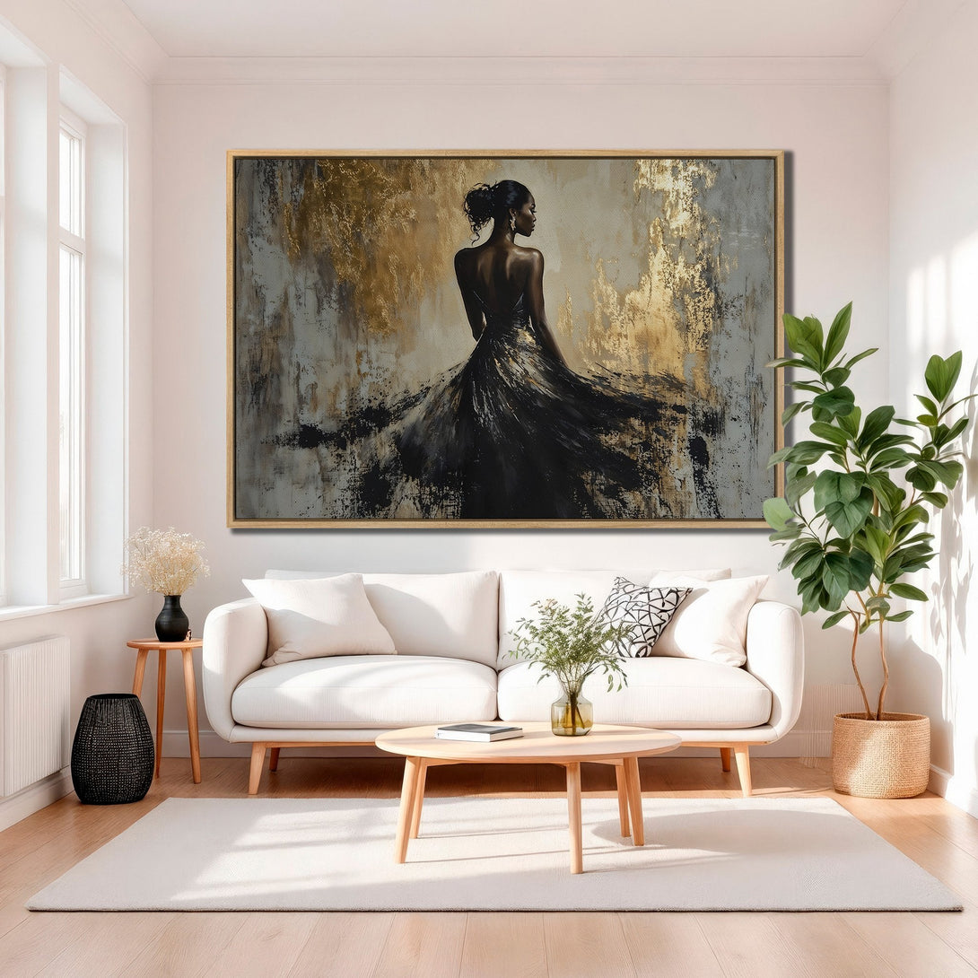 Framed Wall Art featuring an elegant woman in a black dress. Abstract style with gold, gray, and black color palette. Perfect for modern home decor.