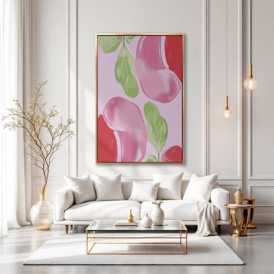 Framed Wall Art featuring abstract pink and green shapes. Modern art canvas print with a soft, feminine color palette, perfect for living room decor.