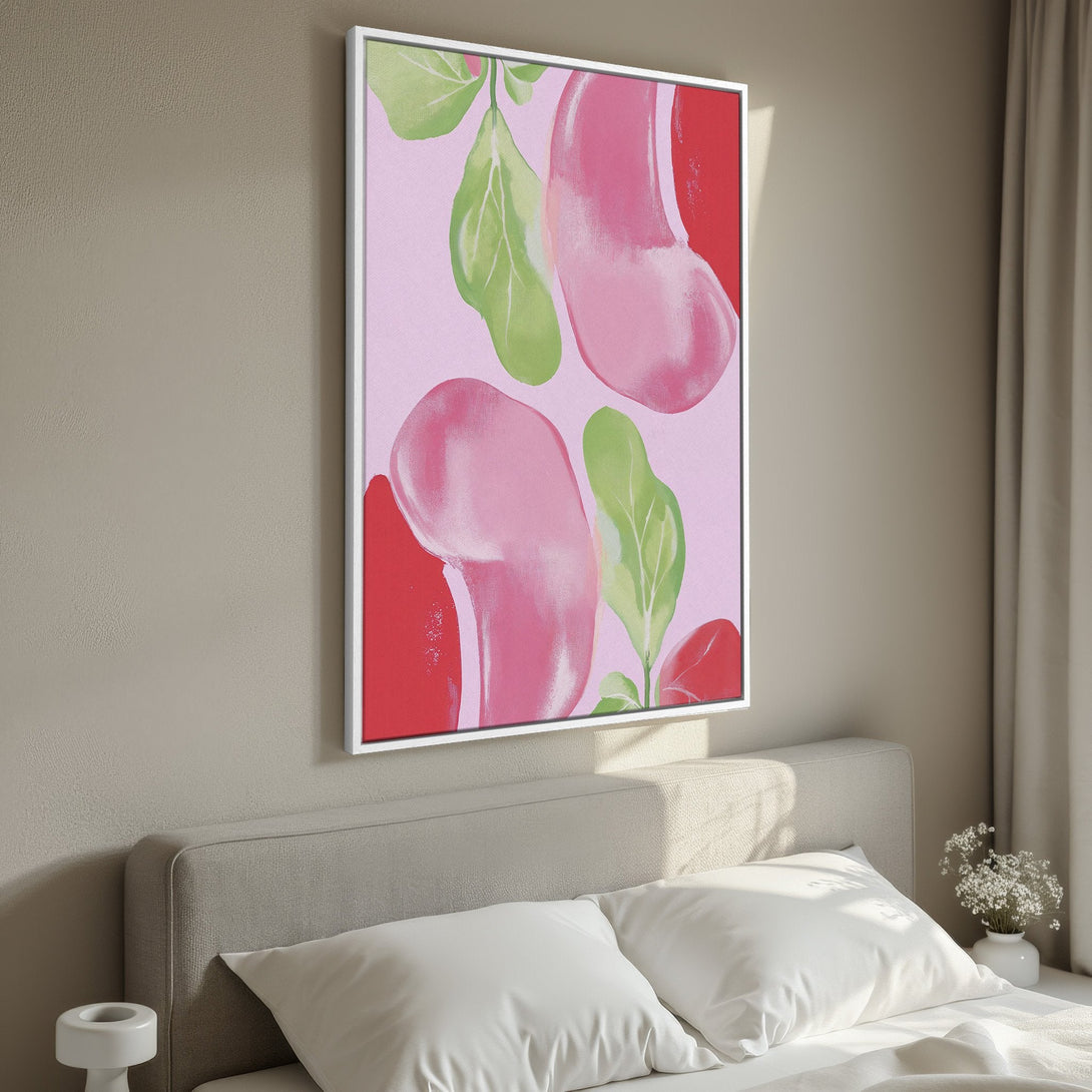 Framed Wall Art featuring abstract botanical art in pink, red, and green, perfect for adding a pop of color to your bedroom decor.