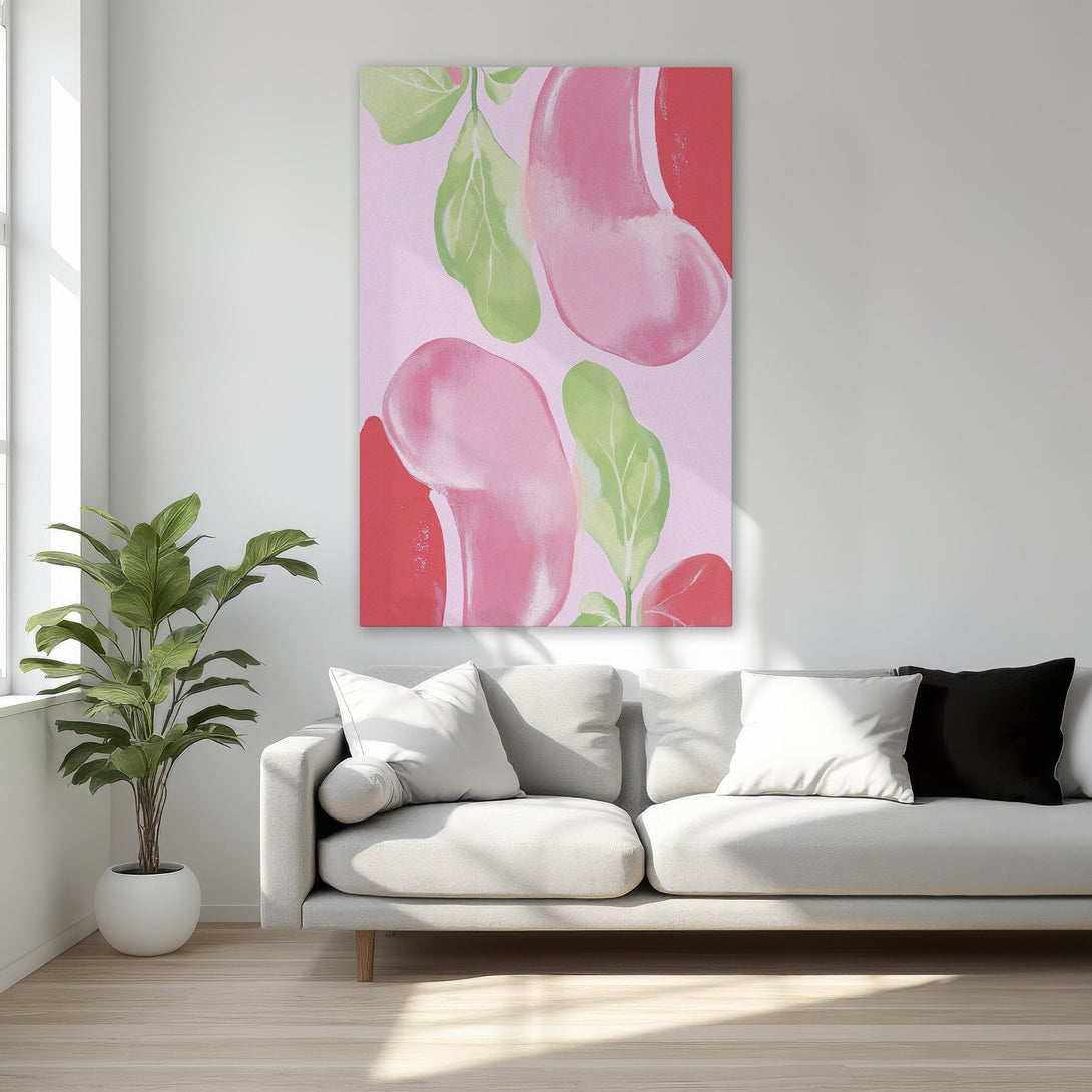 Framed Wall Art: Abstract floral canvas print in pink, red, and green. Modern art for bedroom decor, adding a pop of color and style.