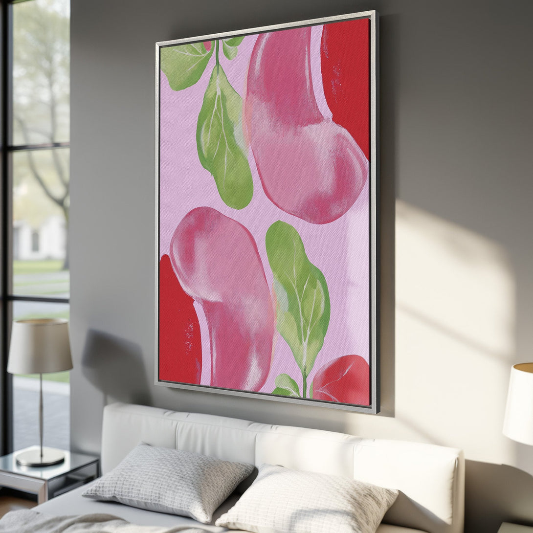 Framed Wall Art featuring abstract floral art in a soft pink, red, and green color palette. Modern canvas print perfect for any interior.