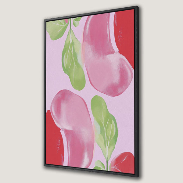 Framed Wall Art featuring abstract botanical art in a modern style. Canvas print with pink, green, and red color palette, perfect for adding a pop of color to your space.
