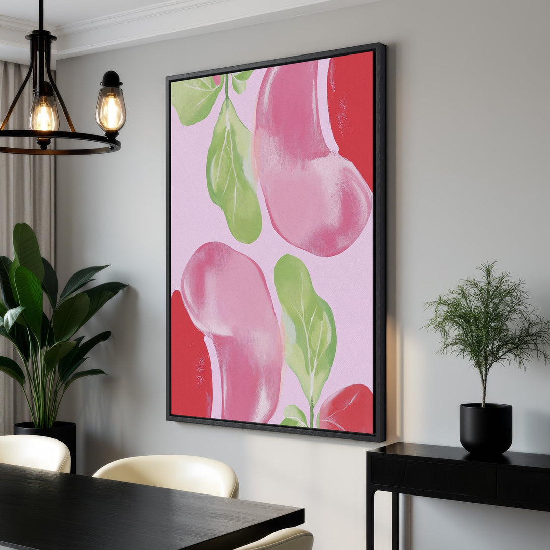 Framed Wall Art featuring abstract pink and green botanical design. Modern art canvas print with a vibrant, colorful palette perfect for any room.