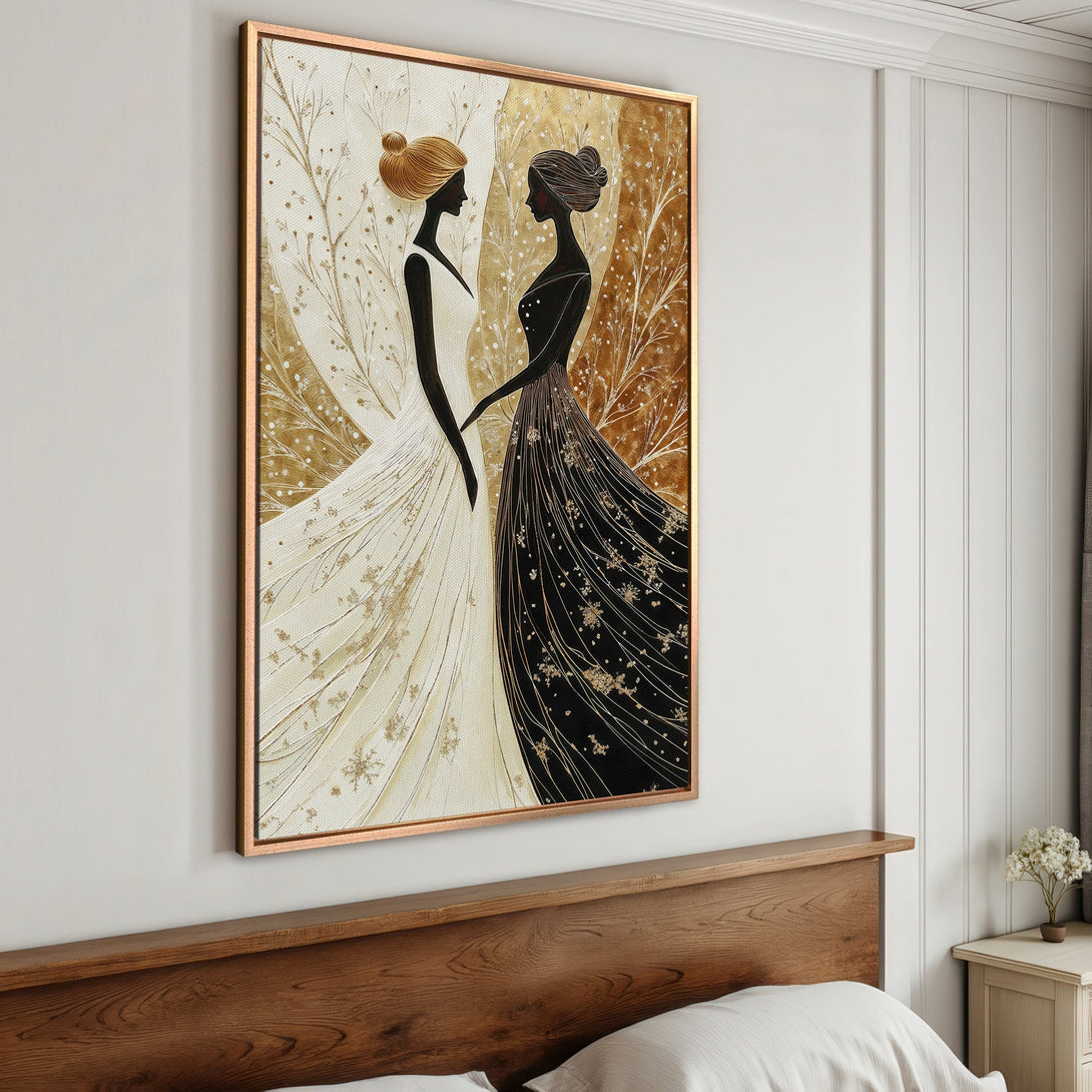 Framed Wall Art featuring an elegant abstract design of two figures in black and white, gold accents, and a warm, neutral palette. Perfect bedroom decor!