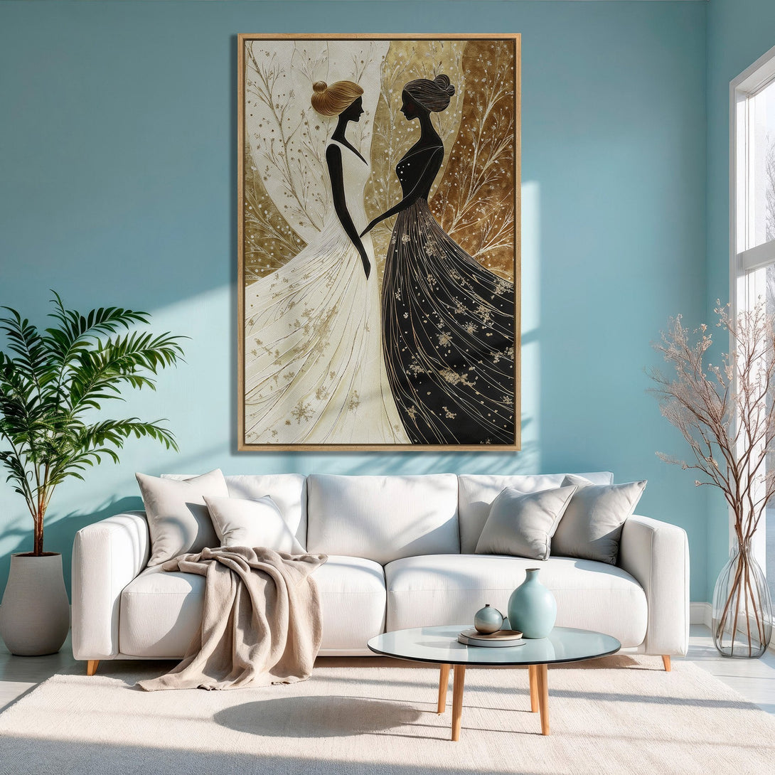 Framed Wall Art: Elegant silhouette art in gold, black, and white. Modern canvas print adds a touch of sophistication to any interior with its neutral color palette.