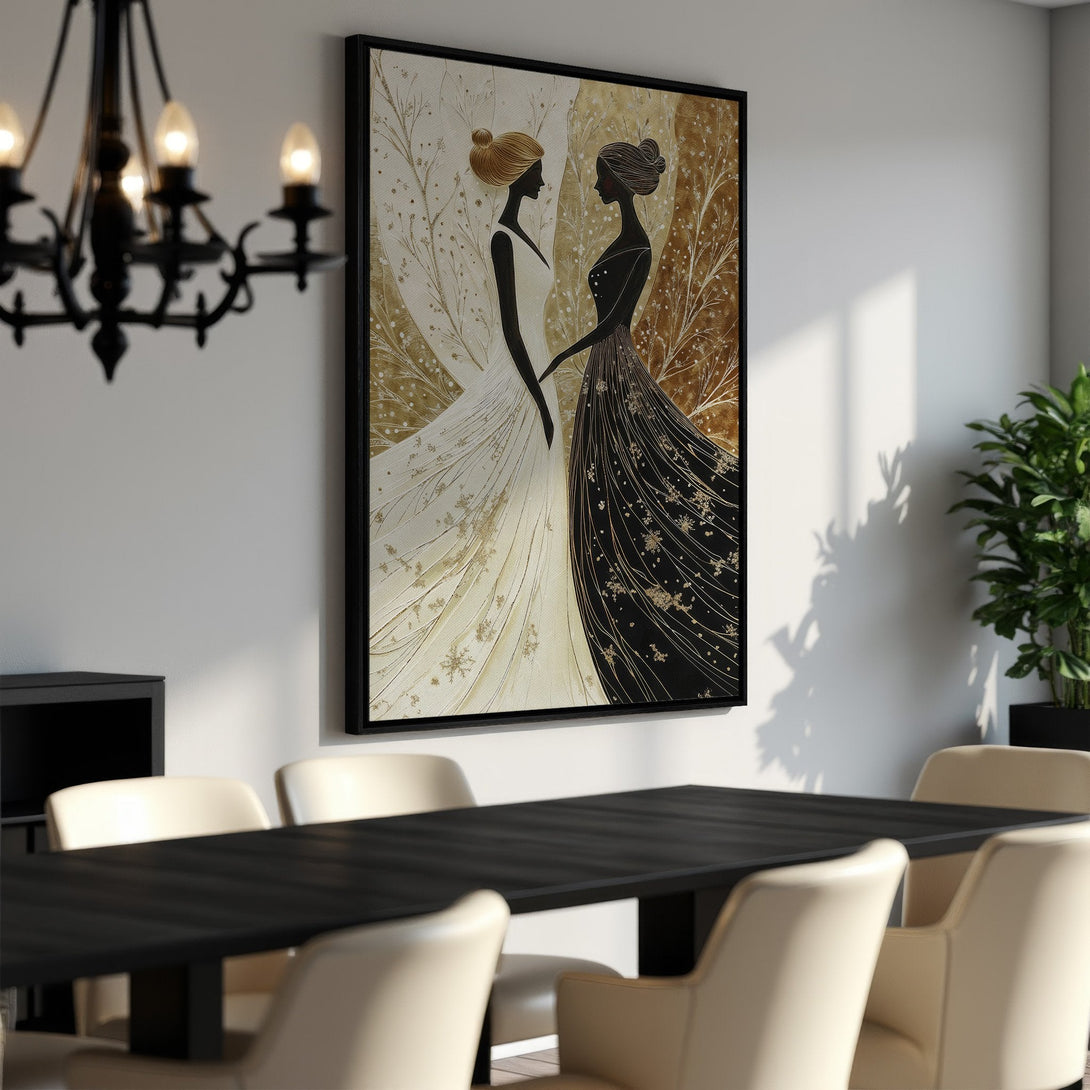 Framed Wall Art: Elegant art print featuring two women in gowns, gold and black palette. Perfect for dining room decor. Shop now for stunning wall art!