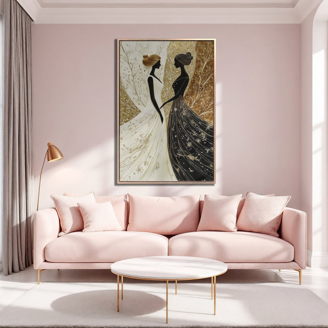 Framed Wall Art featuring elegant silhouettes in black and white with gold accents, displayed in a stylish pink interior. Perfect for adding sophistication.