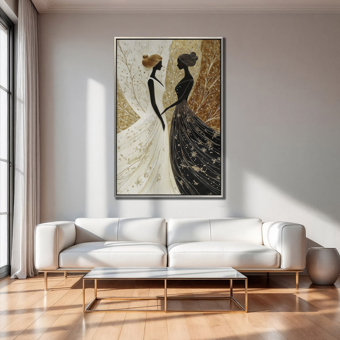 Framed Wall Art: Elegant abstract art print of two women in black and white dresses, gold accents. Perfect for modern home decor.
