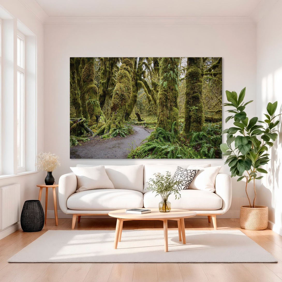 Framed Wall Art of a lush forest scene with green moss and a pathway. Earthy tones create a calming aesthetic. Perfect for home decor.