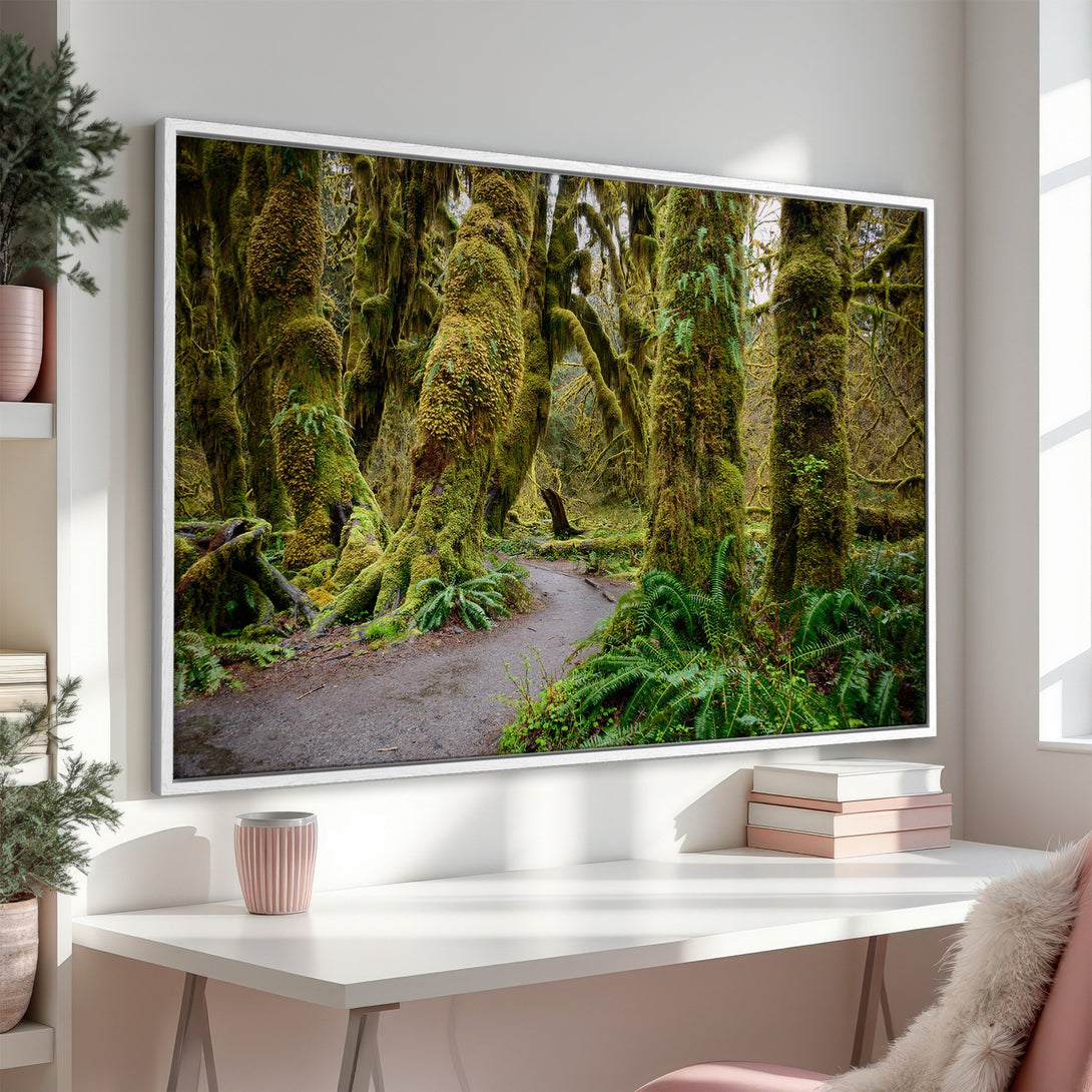 Framed Wall Art: Lush forest scene Canvas Print in green and brown tones. Bring nature's beauty indoors with this stunning landscape art. Perfect for any home!