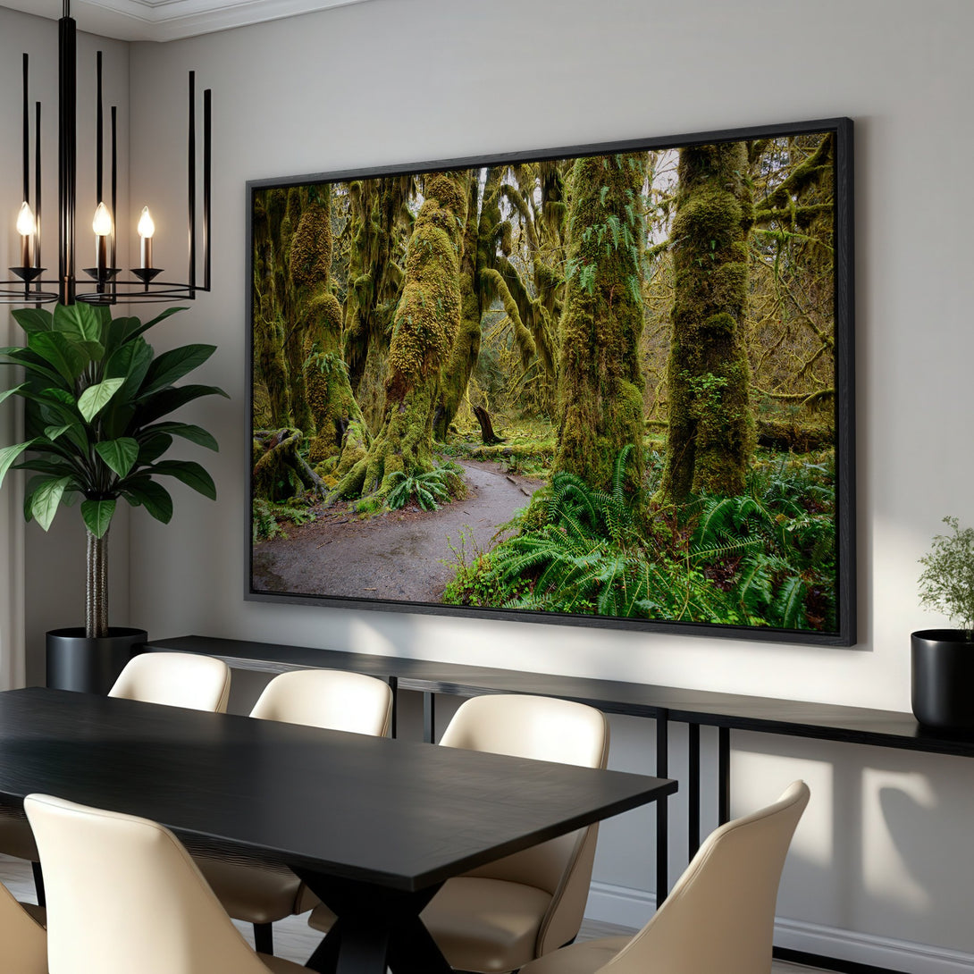 Framed Wall Art: Lush forest scene with vibrant greens and earthy tones. Bring nature indoors with this stunning canvas print, perfect for any space.