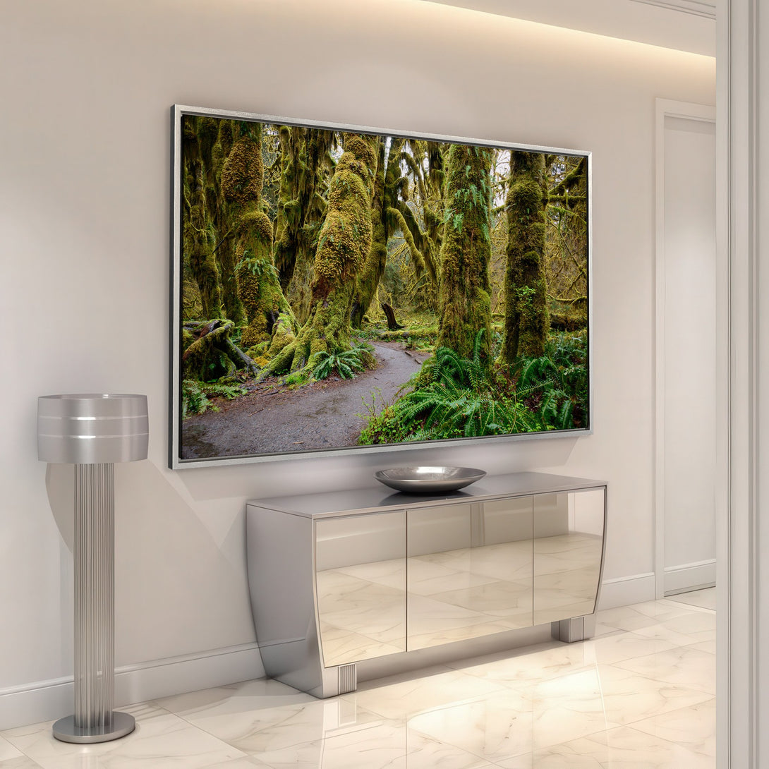 Framed Wall Art featuring a lush forest scene in green and brown tones. Perfect for adding a touch of nature to your home decor.