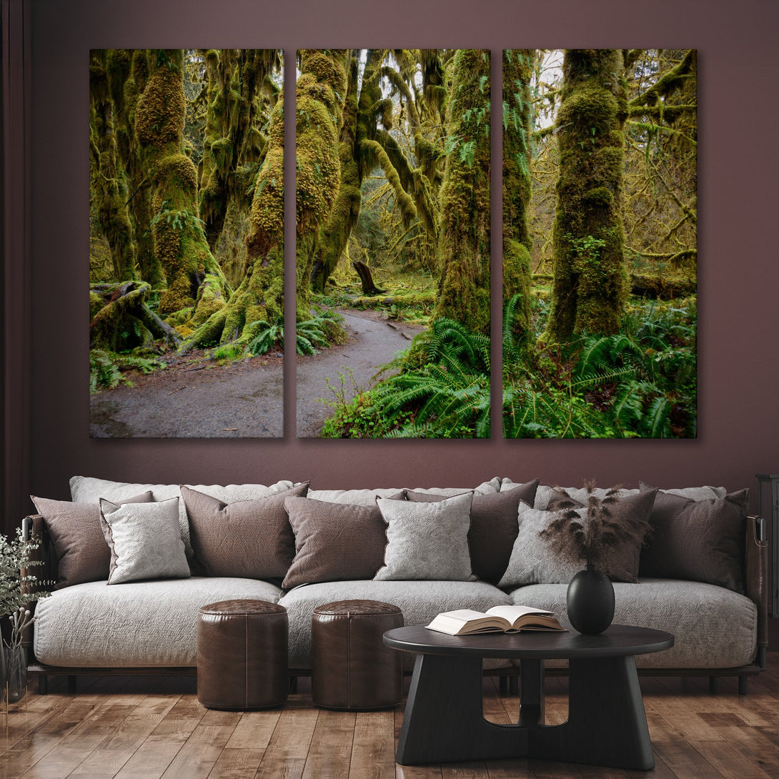 Canvas Print of a lush green forest scene, perfect for nature lovers. Features a calming pathway, earthy tones, and a tranquil aesthetic.