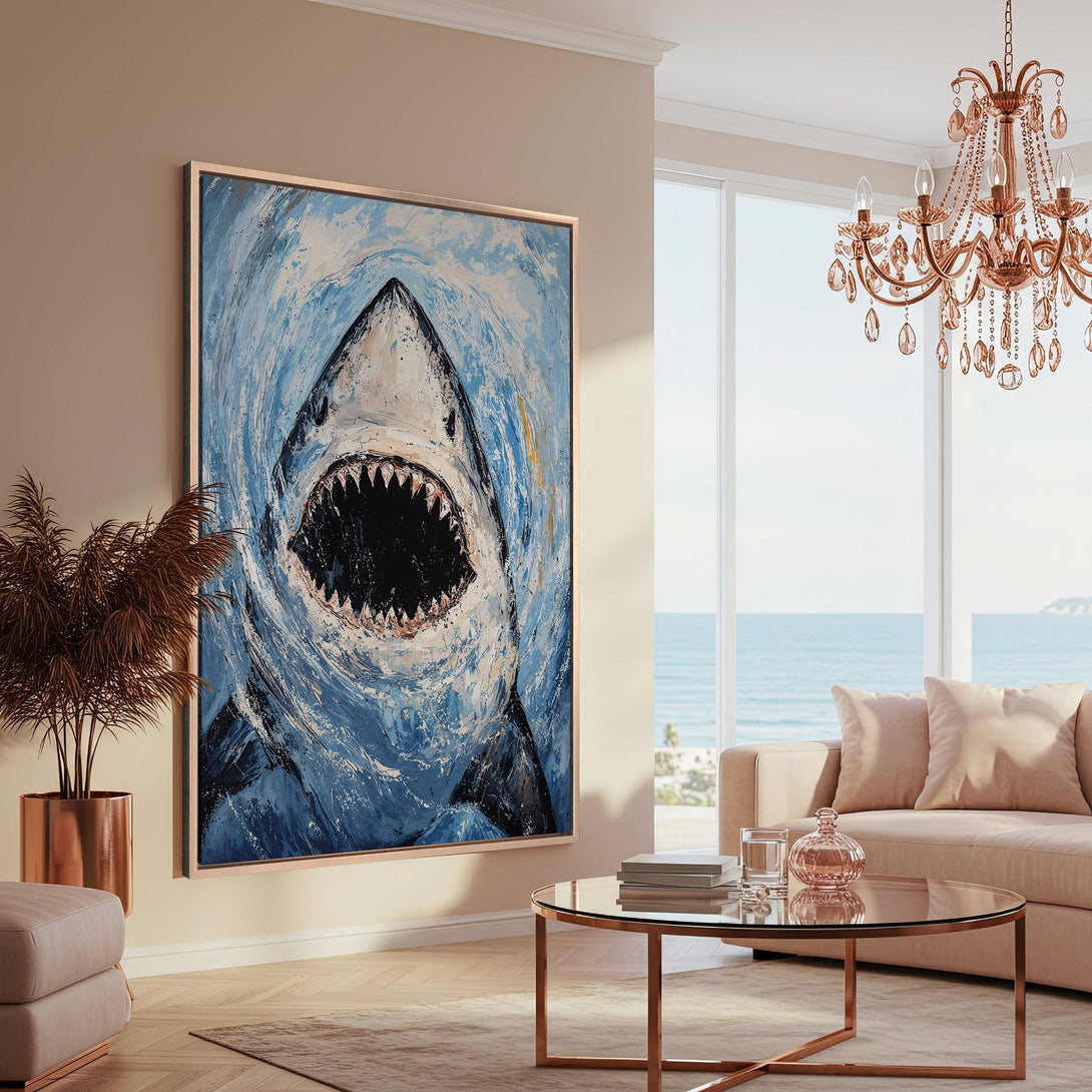 Framed Wall Art featuring an abstract shark painting in blue and white hues, perfect for coastal decor. Enhance your living room with this statement piece.