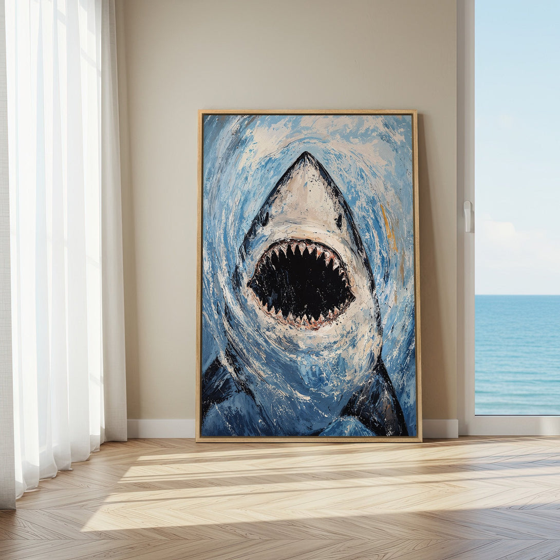 Framed Wall Art: Shark painting in blue and white abstract style. Coastal decor with a bold, modern touch. Perfect for ocean lovers!