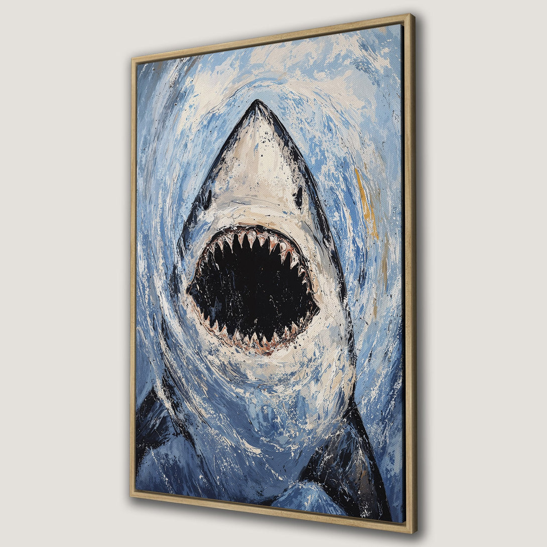 Framed Wall Art: Abstract shark painting in blue and white. Bold brushstrokes create a striking ocean-themed canvas print for your home decor.