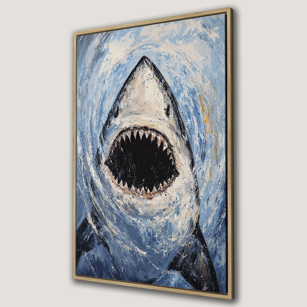 Framed Wall Art: Abstract shark painting in blue and white. Bold brushstrokes create a striking ocean-themed canvas print for your home decor.