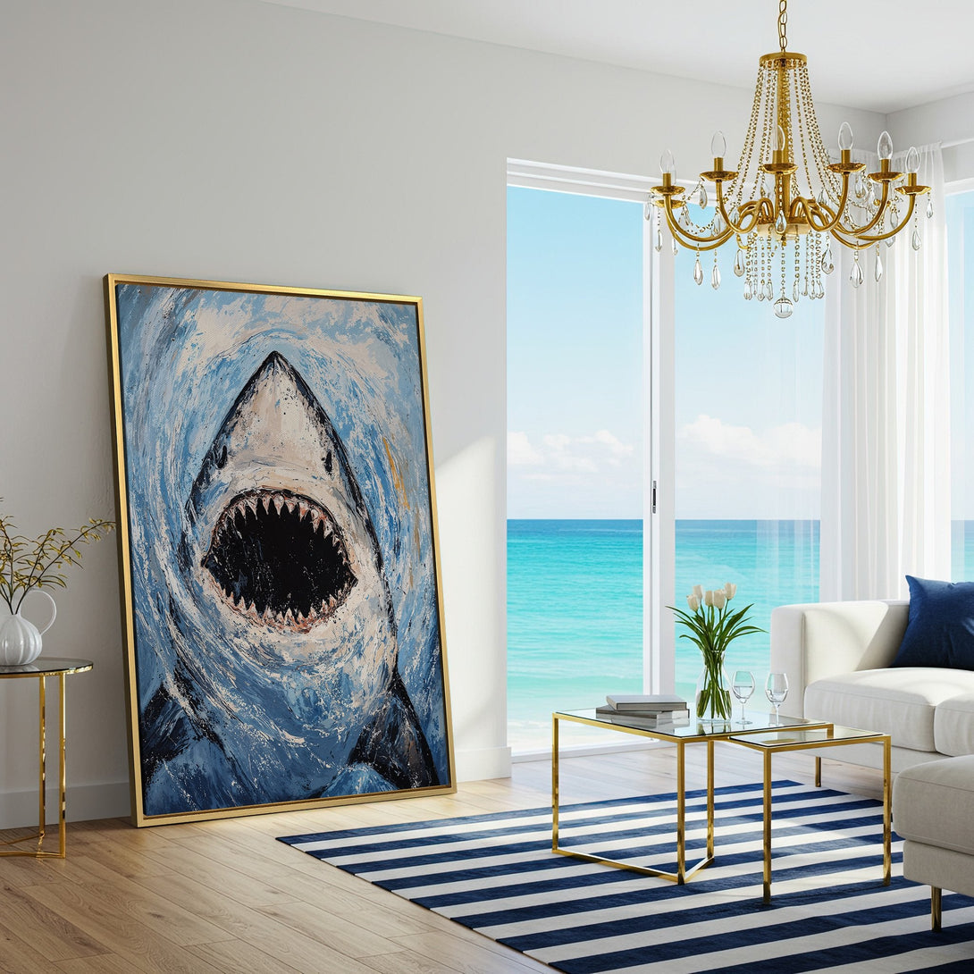 Canvas Print of a fierce shark painting in blue and white, adding a bold statement to any living room. Modern art for your walls!