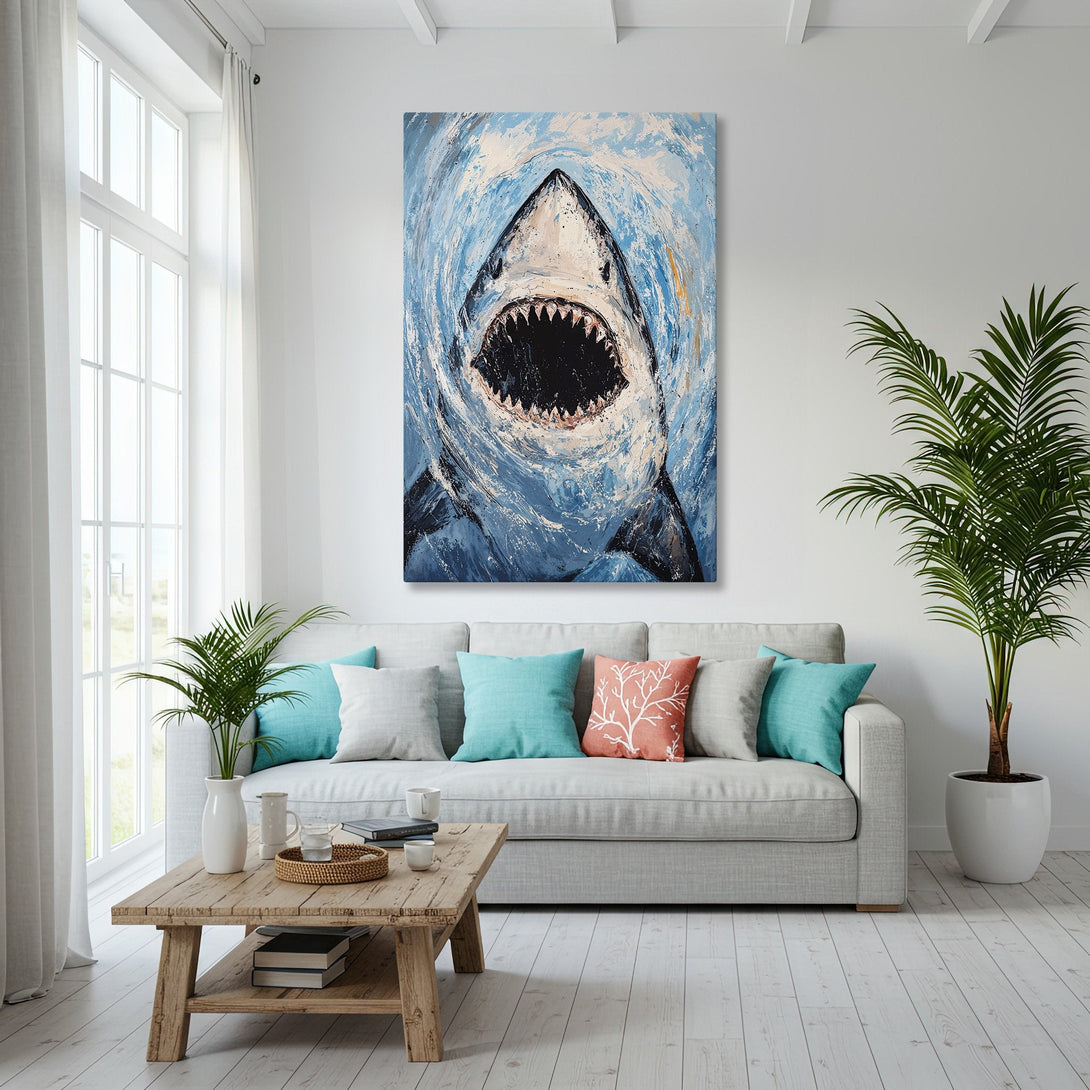 Framed Wall Art: Shark painting in blue and white, displayed in a modern coastal living room. Add a touch of ocean-inspired art to your space!