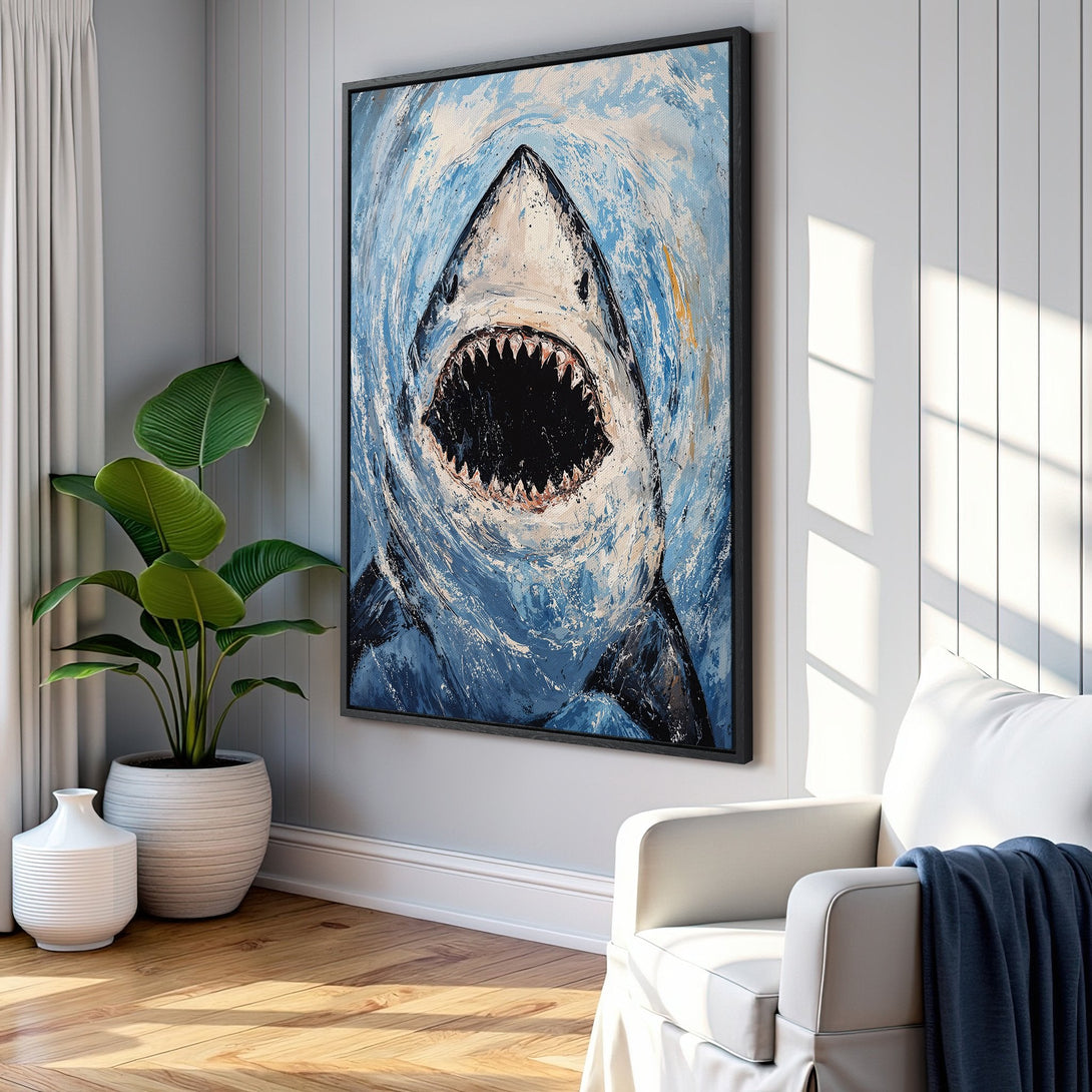 Framed Wall Art featuring an abstract shark painting in blue and white. Modern art canvas print adds a bold statement to any interior.