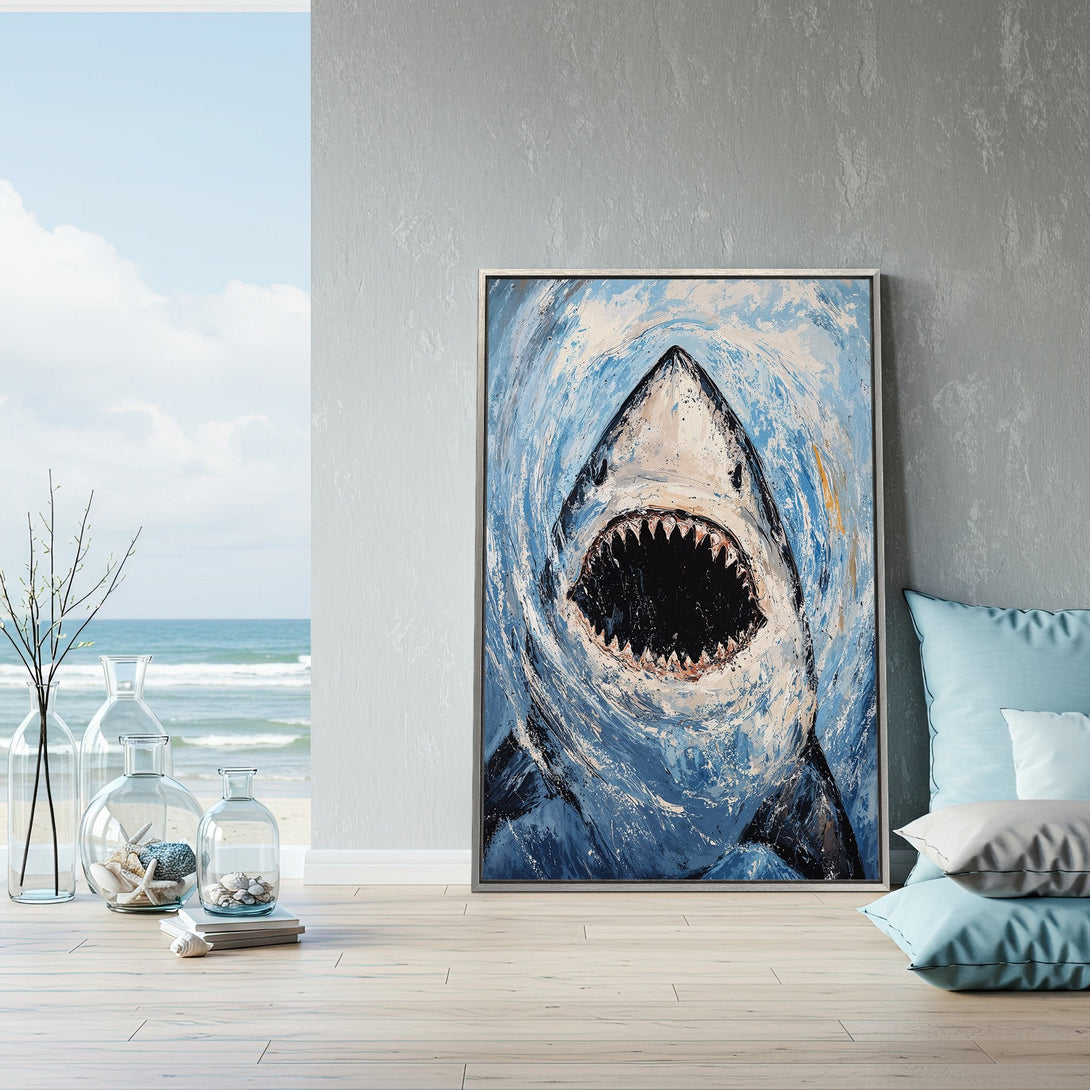 Framed Wall Art: Dramatic shark painting with a blue and white palette. Coastal decor inspiration for your home. Shop now!