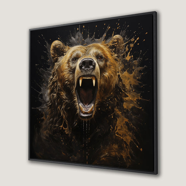 Framed Wall Art: Powerful grizzly bear portrait with gold and brown paint splatter on black background. Modern art for your home.