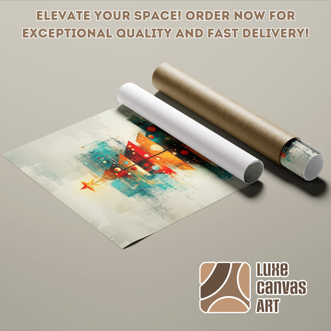 Abstract Christmas tree Poster Roll, modern art with teal, red, and orange palette. Elevate your space!