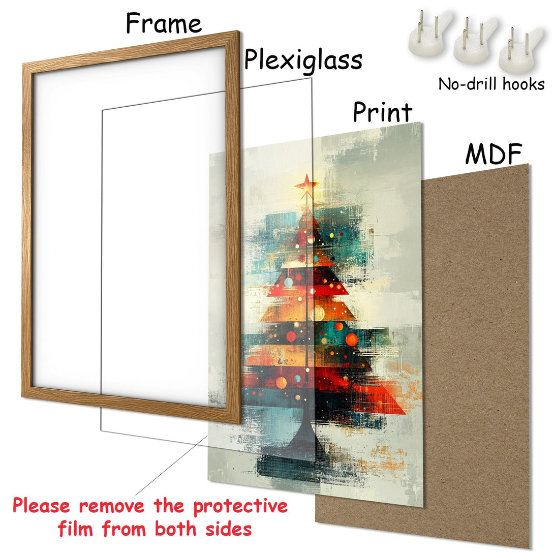 Framed Poster of a Christmas tree in an abstract style. Features a warm color palette with red, orange, and blue hues. Ready to hang!
