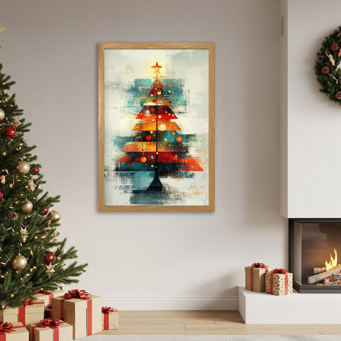 Framed Poster featuring an abstract Christmas tree art print in a warm, colorful palette. Perfect holiday decor!