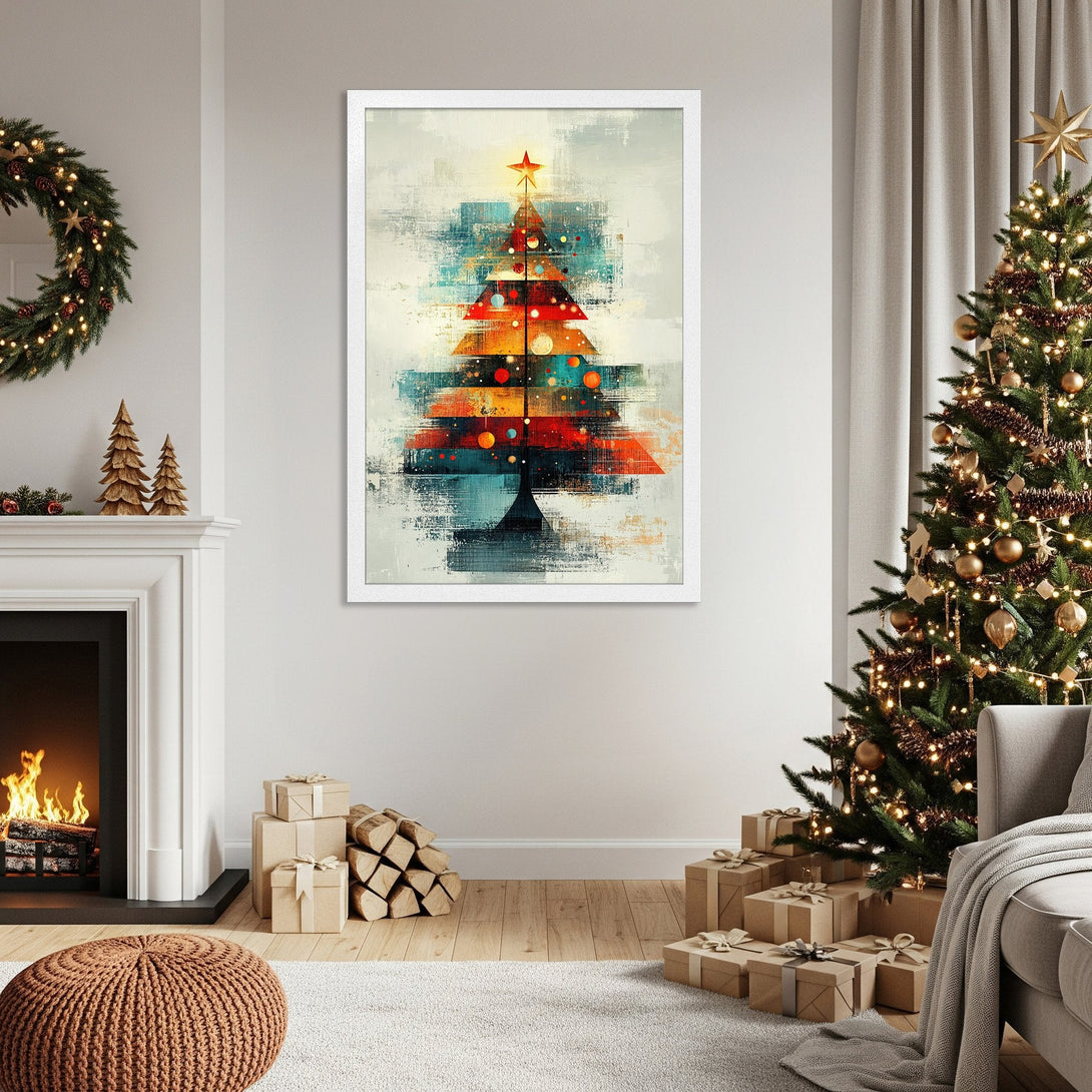 Framed Poster featuring an abstract Christmas tree art print. Modern style with a warm color palette of red, orange, and blue. Perfect holiday decor.