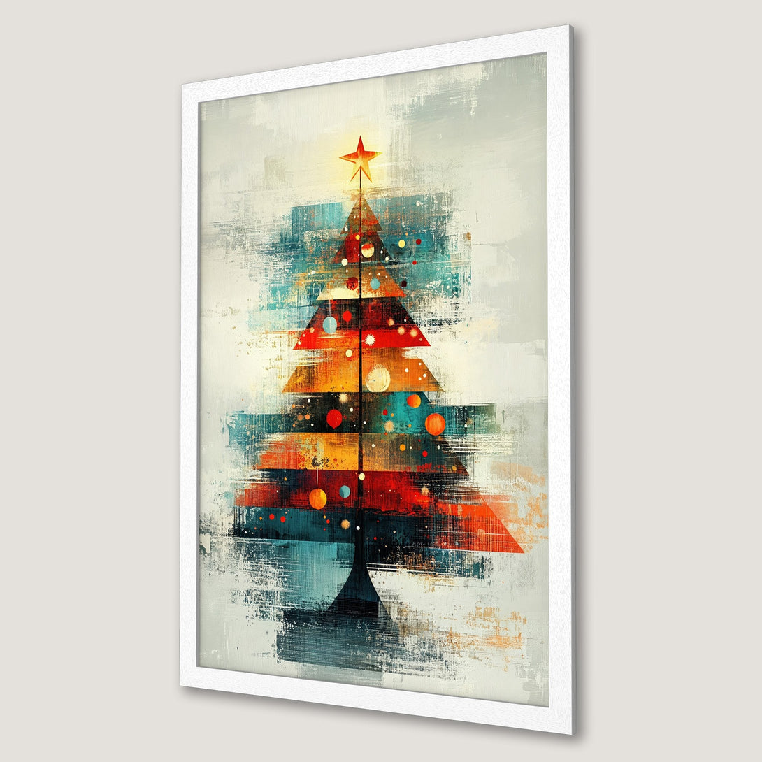 Framed Poster featuring an abstract Christmas tree in a vibrant, textured style with red, teal, and orange hues. Perfect holiday decor!